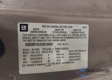 2002 Chevrolet Astro Ls z USA, uszkodzony, nr VIN 1GNDM19XX2B149087